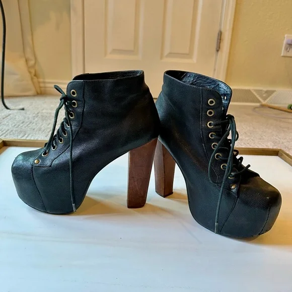 Jeffrey Campbell Black Leather Lace-Up Platform Ankle Boots with Wood Block Heel - Picture 6 of 12